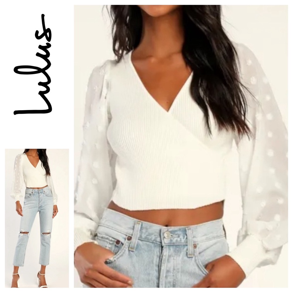 Lulu's Cream V-Neck Sweater with Sheer Sleeves